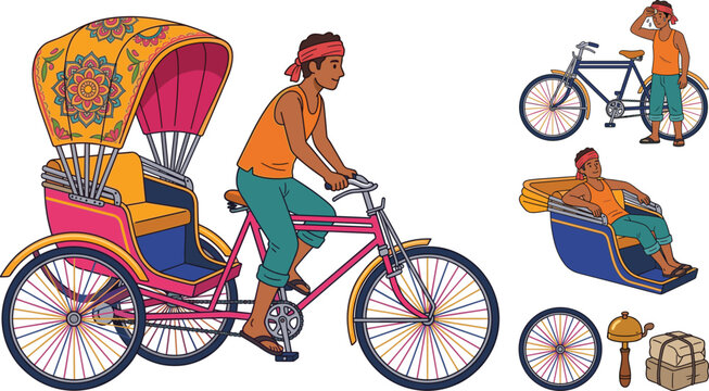 Traditional Bangladeshi Rickshaw Puller Character Set with Cycle Tricycle Driver Poses Bell and Cargo Elements for South Asian Culture Vector Designs