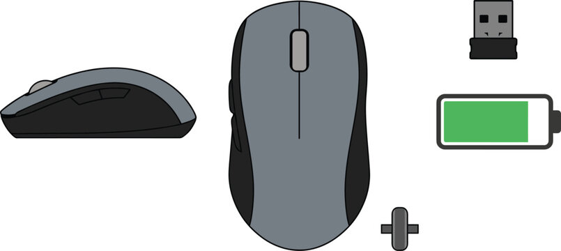 Wireless Computer Mouse Vector Illustration Set with Side and Top Views USB Receiver and Battery Indicator for Technology Product Graphic Designs