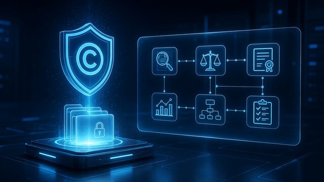 Digital Copyright Protection Shield And Intellectual Property Legal Flowchart Concept
