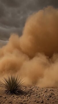 Swirling Dust Storm in a Barren Landscape Under a Cloudy Sky Creating a Dramatic Atmosphere