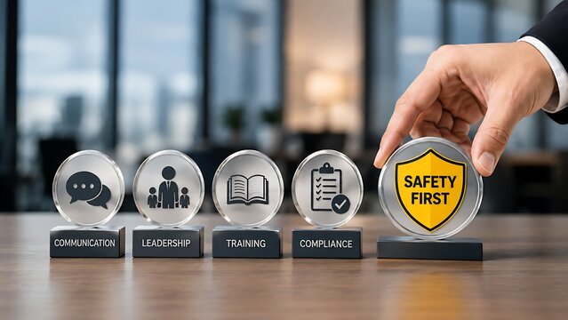 Hand Placing Safety First Token With Corporate Compliance And Training Core Values