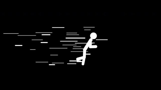 Minimal stick figure running fast with speed lines on black background.