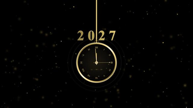 Futuristic digital clock displaying the year 2027 with a cosmic starry background theme