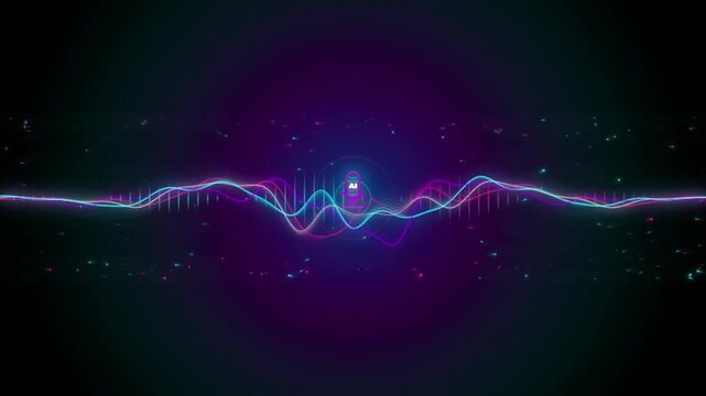 Abstract futuristic waveform graphic with vibrant neon colors and digital sound visualization elements