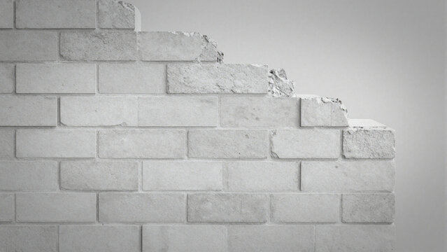 Minimalist white brick wall with an uneven broken edge