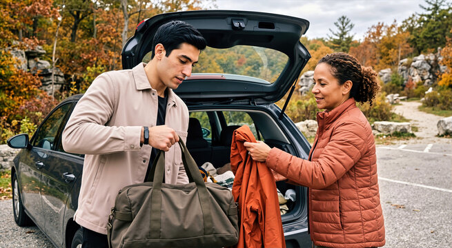 Man and woman loading olive green duffel bag into open car trunk during autumn road trip. Couple packing travel luggage and warm jackets for seasonal outdoor weekend getaway with autumn trees