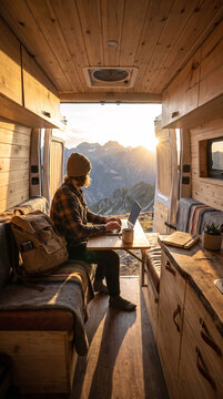 male digital nomad working on laptop inside camper van enjoying mountain scenery van life remote work travel and outdoor adventure