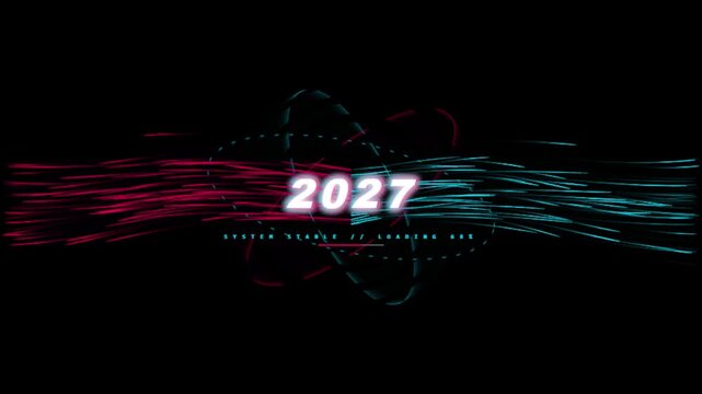 Futuristic digital display showing the year 2027 with loading system status effects and neon lights