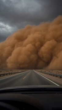 Vast Dust Storm Approaching Over Empty Highway Under Dark Ominous Clouds