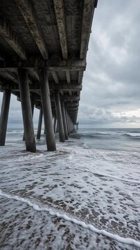 Underneath a Weathered Pier with Waves Crashing onto Sandy Shore and Cloudy Sky Above