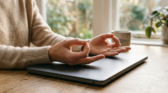 Close-up of woman's hands in lotus meditation pose resting on closed laptop, warm cozy home workspace with coffee mug and plant, mindful work break concept