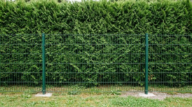 Dark green double wire mesh fence in front of dense lush arborvitae hedge, straight-on view with metal posts anchored in concrete base on grass