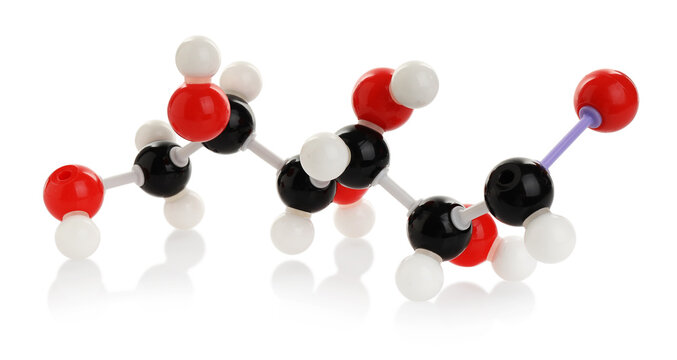 Chemical model of glucose molecule isolated on white