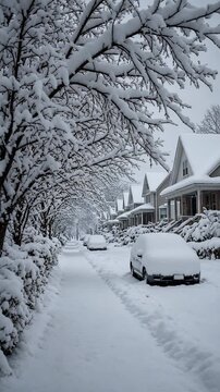 Winter Wonderland Suburban Street with Snow-Covered Houses and Trees in a Calm Atmosphere
