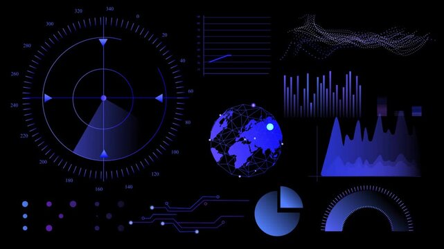 Futuristic sonar radar screen searching for an object with animated charts, globe, graphs and digital interface elements on alpha channel