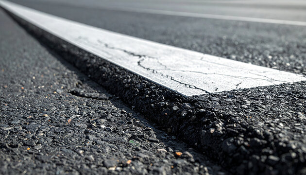 Road Marking Line: A close-up perspective of a white road marking line on an asphalt surface, highlighting the texture and detail of the road.