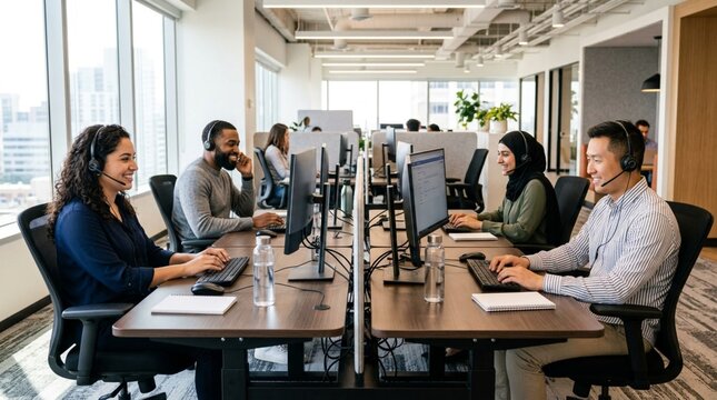 Diverse multilingual customer support team wearing headsets working at computer desks in modern open-plan office, smiling agents answering calls and typing with city skyline view through large windows
