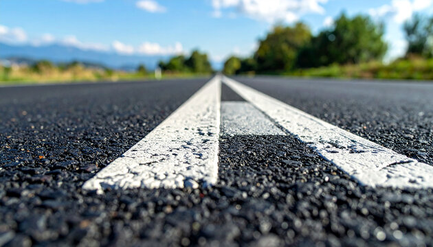 Straight Road Ahead: A close-up, low-angle view of a pristine asphalt road with clear white markings, stretching towards a distant horizon under a bright blue sky dotted with fluffy clouds.