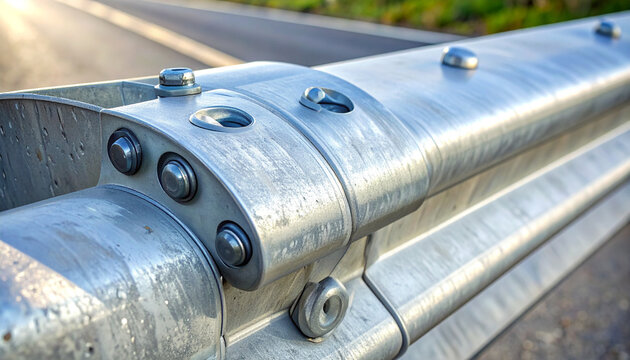 Metal Guardrail on Highway: A close-up shot of a shiny metal guardrail on a highway, highlighting its sturdy construction and industrial texture against a blurred background of asphalt and sky.