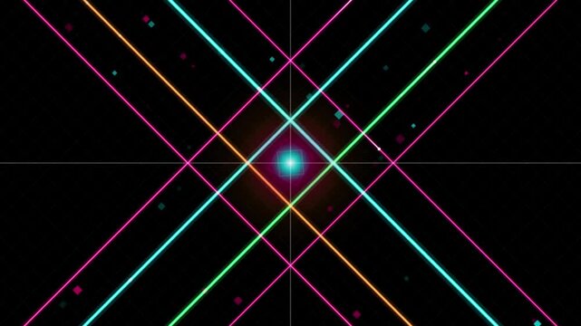 Vibrant neon geometric lines forming a symmetrical pattern with a glowing center point on a dark grid background