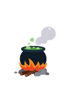 Magical black witch cauldron filled with bubbling bright green potion liquid over roaring orange flames with rising smoke steam, fantasy Halloween vector illustration icon design graphic