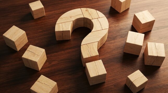 Wooden blocks arranged in the shape of a question mark on rustic wood table representing uncertainty, decision making and problem solving concept