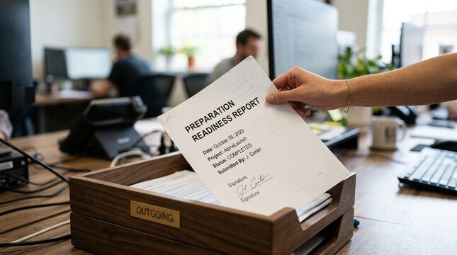 Hand placing a preparation readiness report into an outgoing tray