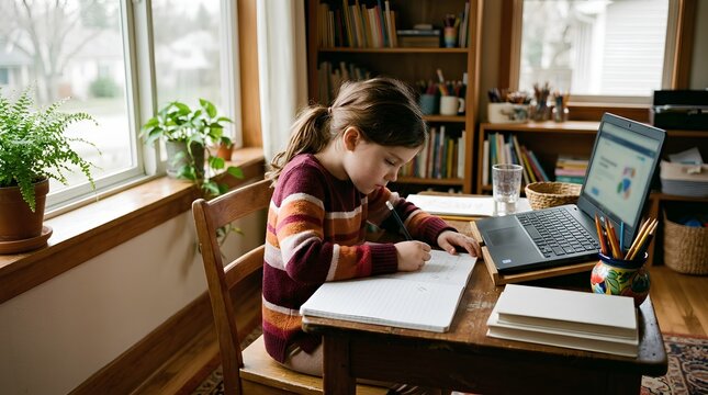 Young girl writing diligently in notebook at wooden desk beside open laptop in cozy homeschool study area with warm window light and bookshelves full of books nearby
