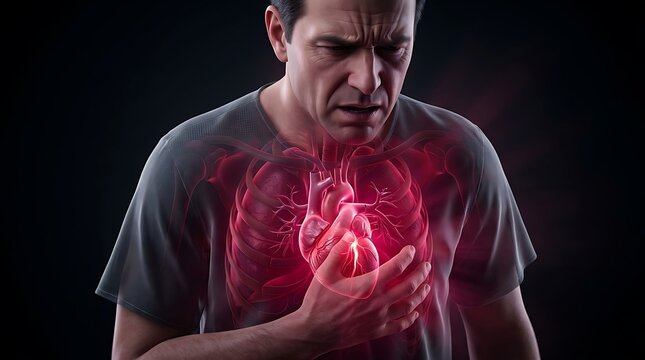Man experiencing chest pain with anatomical heart overlay
