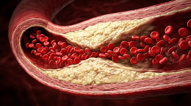 Artery with cholesterol plaque and red blood cells