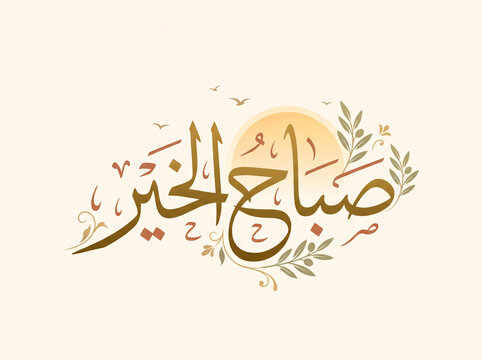 Sophisticated Arabic calligraphy of Sabah Al Khair (Good Morning) adorned with olive branches, golden sunrise, and decorative diacritics, ideal for Islamic art, greetings, and elegant branding.