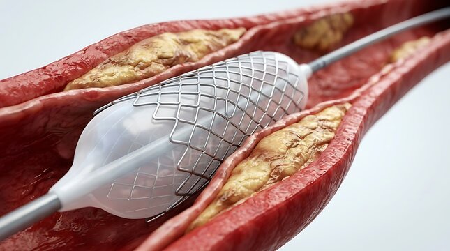 Balloon expanding stent inside blood vessel with plaque
