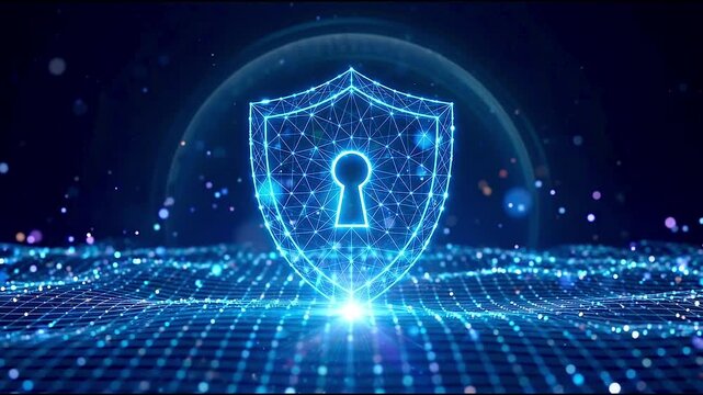 Cyber Security Concept: Glowing Blue Futuristic Wireframe Shield Icon with Keyhole on Digital Particle Wave Background