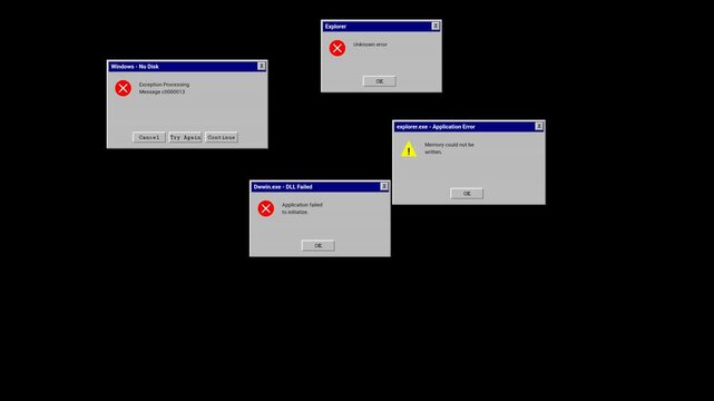 Animated Retro Computer System Error Message Popup on Black Background