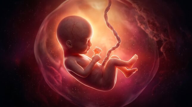 Human fetus in amniotic sac with umbilical cord