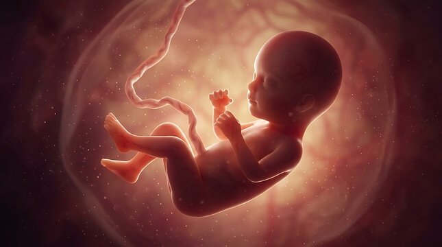 Human fetus in womb with umbilical cord