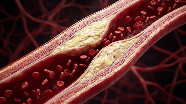 Blood vessel with cholesterol plaque and red blood cells