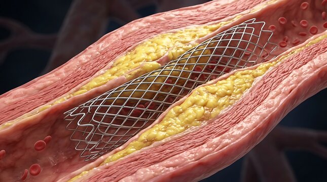 Medical stent inside an artery with plaque buildup