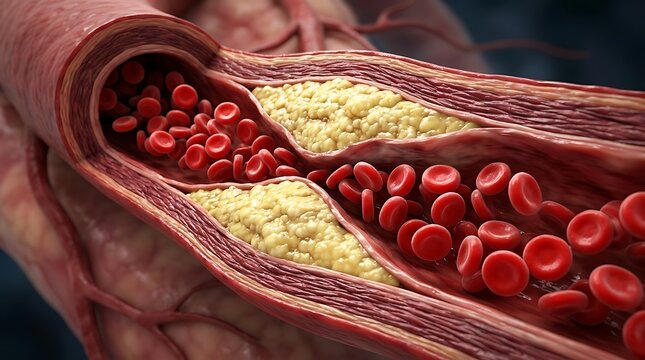 Blood vessel with cholesterol plaque and red blood cells