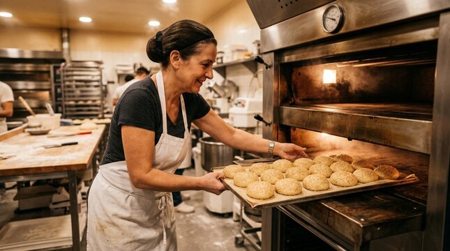 Smiling female baker in white apron sliding a metal baking sheet filled with raw sesame-seed burger buns into a glowing commercial deck oven in a busy artisan bakery kitchen