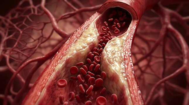 Blood vessel with plaque buildup and red blood cells