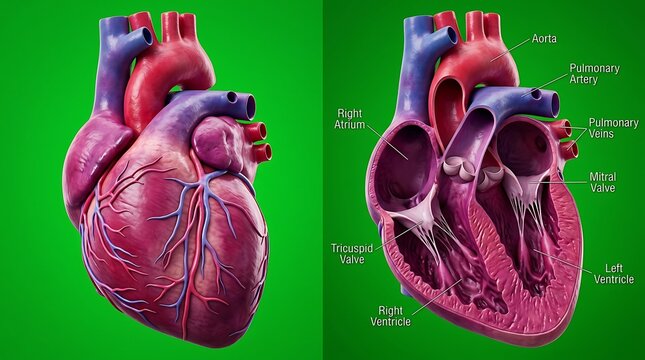 Human heart anatomy with external and internal view