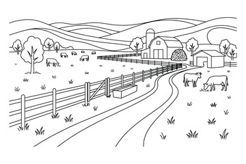 Fototapeta premium Black and white line art coloring book page showing a rural farm landscape