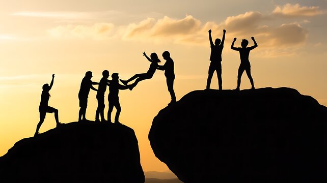A stunning nature photograph of people achieving success by working together as a team on top of mountain cliffs at golden sunset