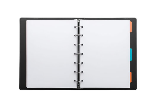 Open black ring binder with blank pages and tabs