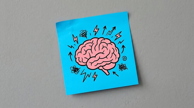 Brain drawing with symbols on blue sticky note