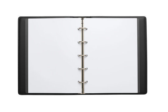 Open black ring binder with empty pages