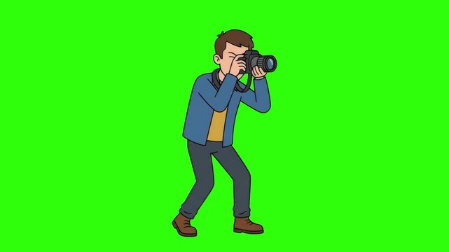 A cartoon photographer character leaning forward and aiming a professional DSLR camera to take a photo, isolated on a solid green chroma key background. Perfect for photography service promos, media p