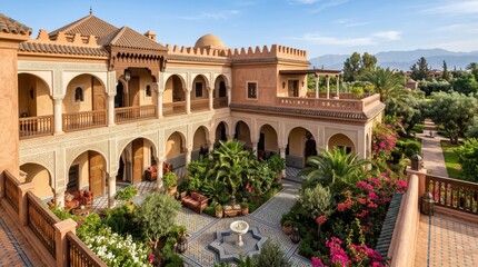 Fototapeta premium Elevated Moroccan courtyard villa with arches fountain and flowering garden