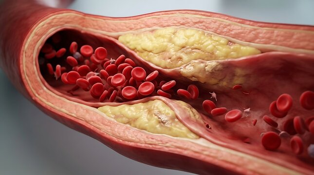 Clogged artery with cholesterol plaque and red blood cells